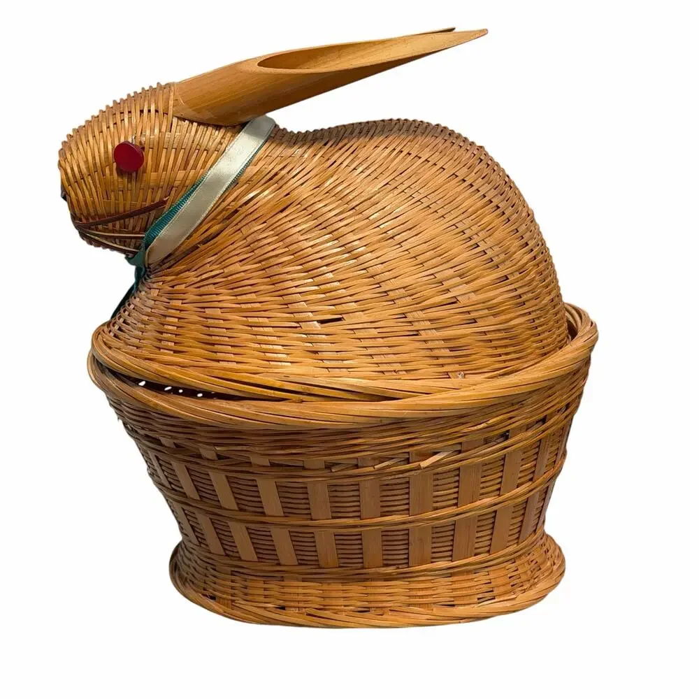 Vintage Woven Wicker Bunny Rabbit Covered Basket Bamboo Ears Red Button Eyes